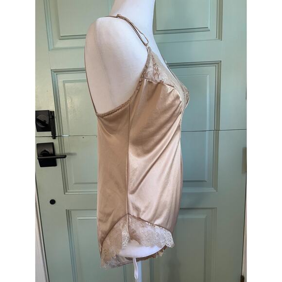 Vintage Beige Satin Lace Bodysuit – Adjustable Straps, Snap Closure - Picture 3 of 4
